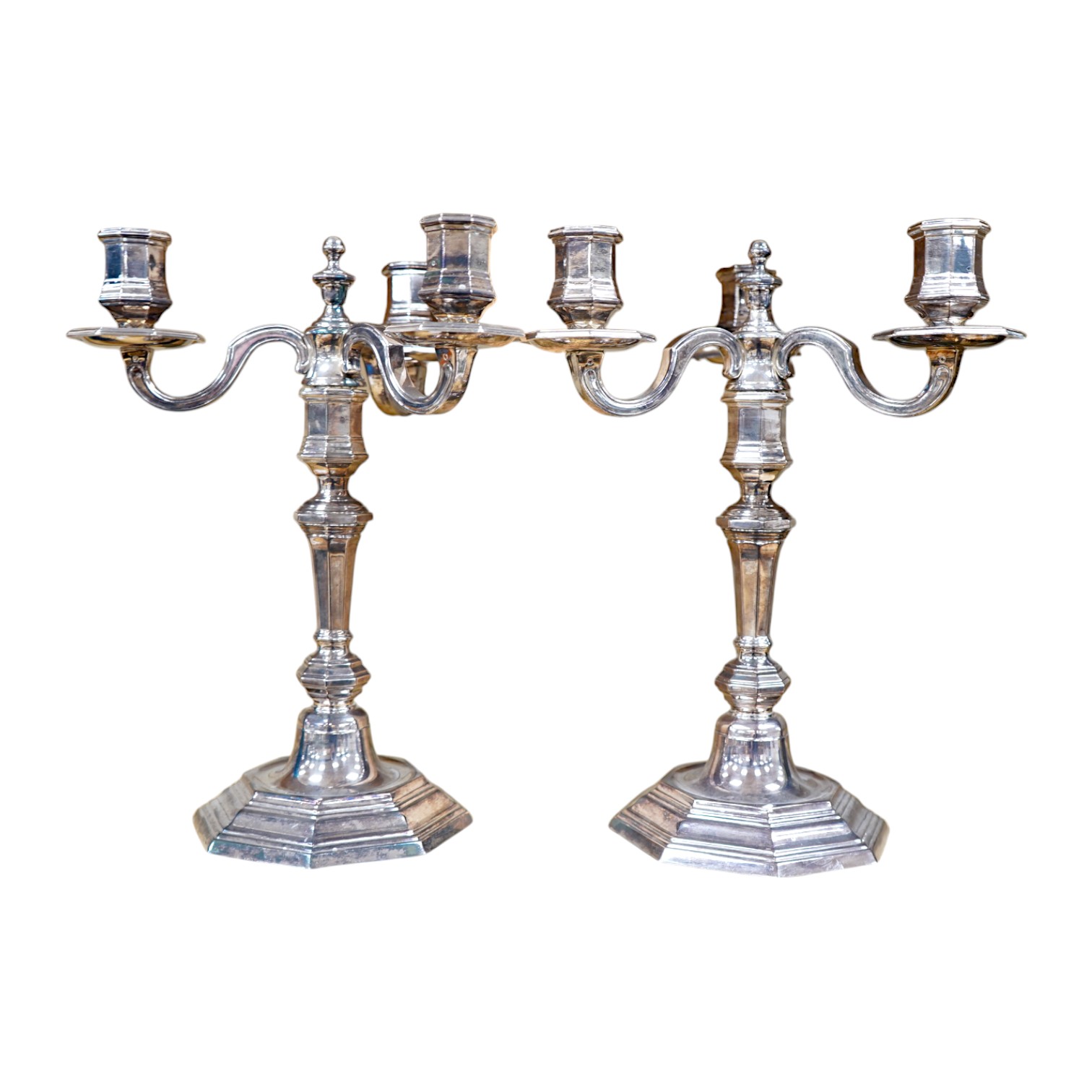 A matched pair of Christofle Cluny-design silver plated three arm candelabra, 28cm. Condition - good